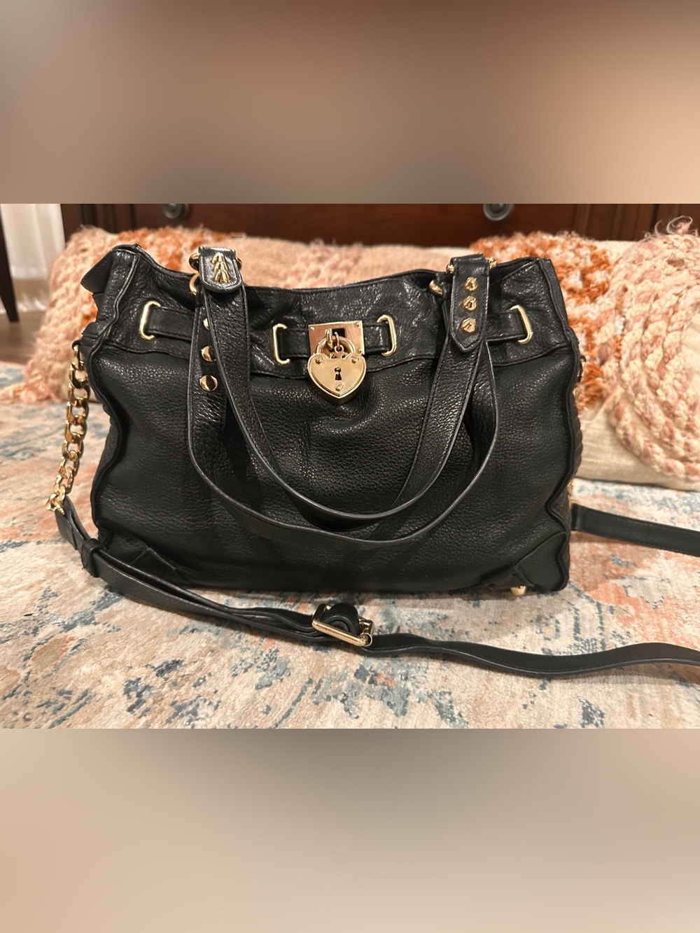 Vintage Juicy Couture  Black Pebbled Leather Shoulder Bag with Gold Heart Lock